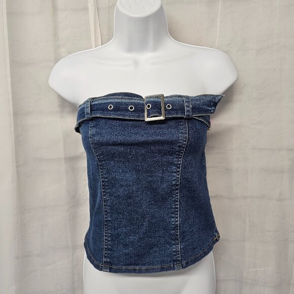 Jolie & Joy Tank Crop Chambray Strapless Smocked Festival M - Picture 2 of 11